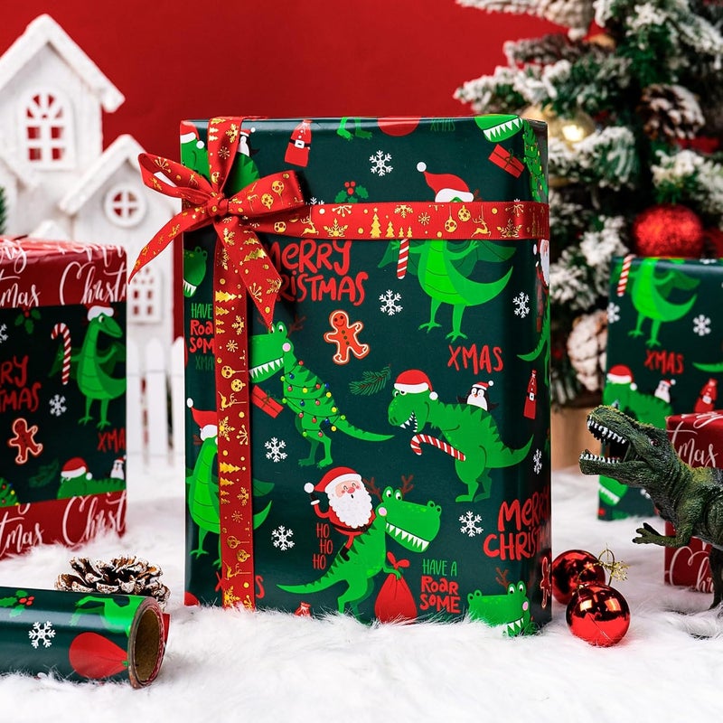 Yarcony Dinosaur Christmas Wrapping Paper, Green Wrapping Paper Roll, Reversible Happy Dinosaur and Santa Claus Dino Christmas Gift Wrap for Kids Boys Men Holiday Present Packaging (17 Inch X 33 Feet) - Image 5